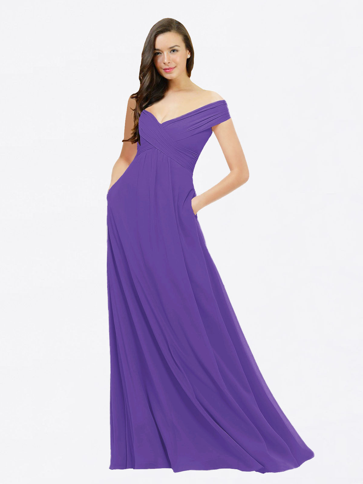 Purple A-Line Off the Shoulder Sleeveless Long Chiffon Bridesmaid Dress Jonila