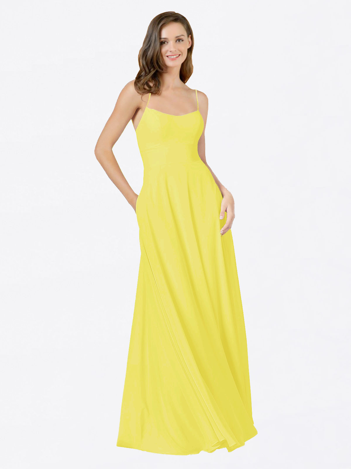 Yellow A-Line Spaghetti Straps Square Sleeveless Long Chiffon Bridesmaid Dress Mota