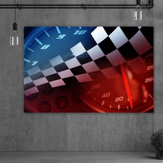 Spannrahmenbild Tacho und Flagge Racing Hintergrund Querformat