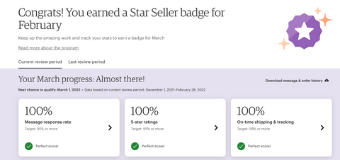 Live screenshot of Etsy Star Seller Dashboard for Grow Your Health Gardening