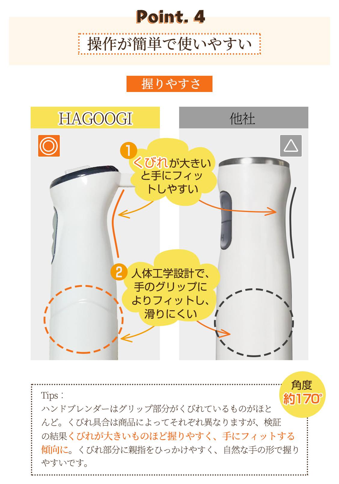 HAGOOGIハンドブレンダーは操作が簡単で使いやすい、握りやすく