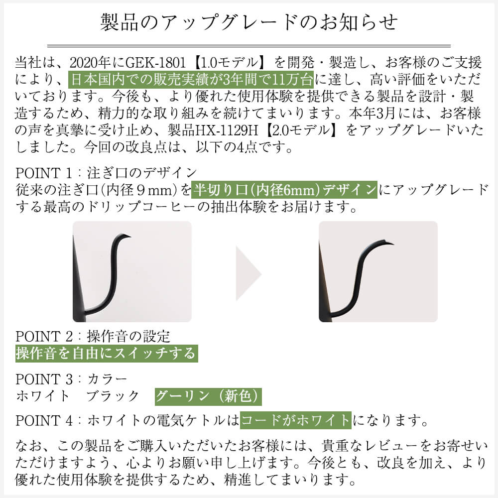 HAGOOGI(ハゴオギ)＿電気ケトル＿コーヒーケトル＿1.0L＿HX-1129H＿改良点