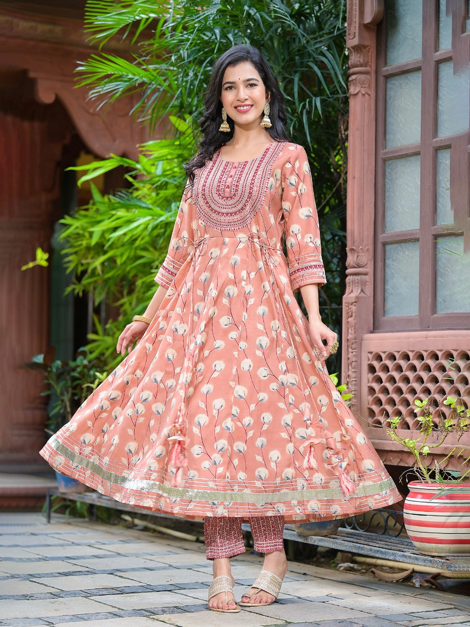 Party wear Yoke design salmon pink Anarkali Kurta set with Pants ...