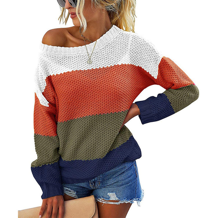 Crewneck Loose Multicolor Panel Cutout Long Sleeve Knit Sweater