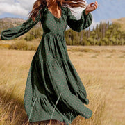 Retro V-Neck Long Sleeve Floral Print Chiffon Loose Long Maxi Dress