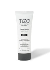 TiZO AM Replenish Lightly Tinted SPF 40 tinted mineral sunscreen tube on white background