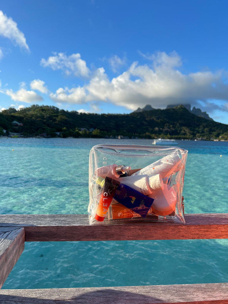 Image: CEE CLEAR Clear Cosmetic Case on an overwater bungalow in Bora Bora