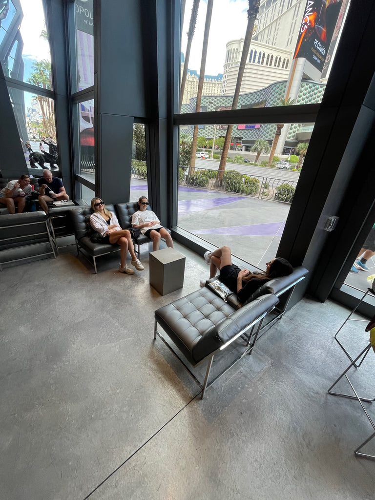 Image: CEE CLEAR Founders Morgan and Kat, and their friends in the hotel lobby...somewhere in Vegas 