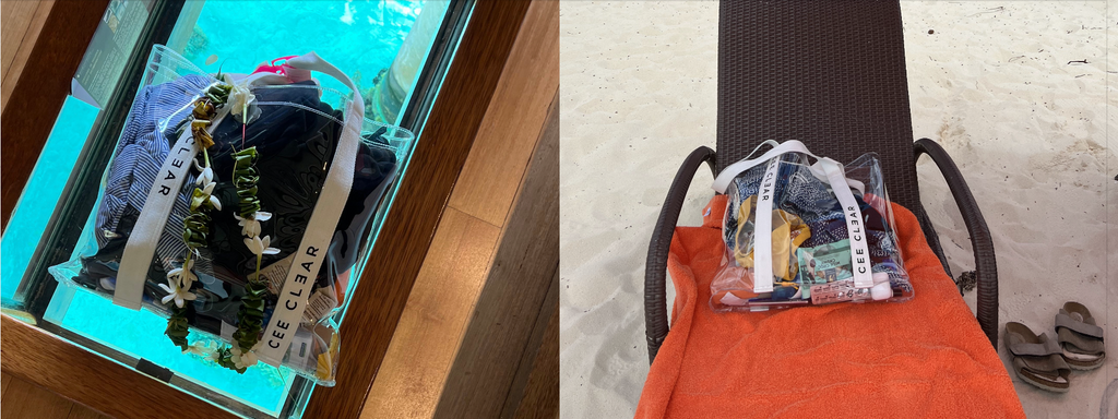 Image: CEE CLEAR Clear Tote on a beach chair in Tahiti