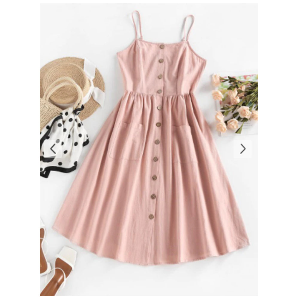 Zaful- Button Through Pocket Smocked Midi Dress - Light Pink