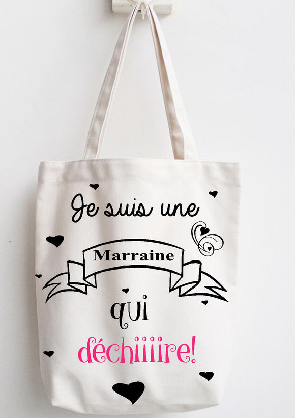 Sac en coton marraine qui déchire cadeau baptême demande marraine,cade ...