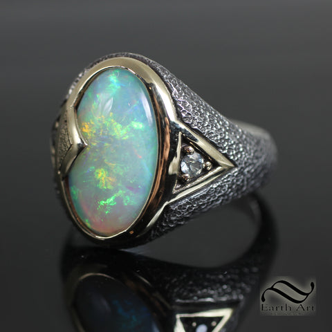 Solid gold and silver mens Australian opal signet ring