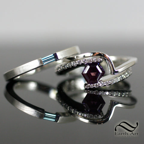 A fun ring set featuring Lab created Alexandrite