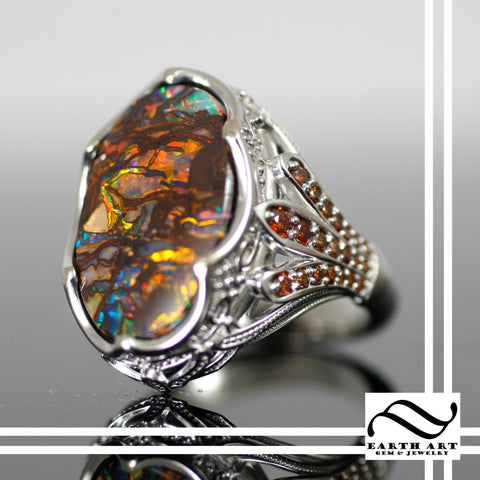 Custom boulder opal ring with cognac diamonds
