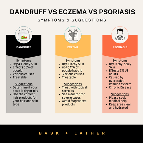 An infographic of symptoms and suggestions for dandruff, eczema, and psoriasis.