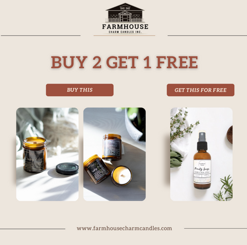 Transform your space with Farmhouse Charm Candles' Room and Linen Spray. Buy 2 candles and get 1 free room spray! Elevate your ambiance with our clean, nostalgic scents. Safe on fabrics, paraben-free, and phthalate-free. Experience instant happiness in every spritz!