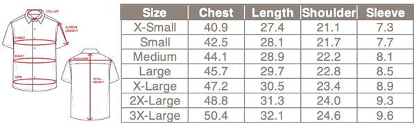 Size chart for black and white floral print men's shirt