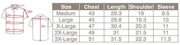 Size chart for blue hibiscus and red palm tree shirts.