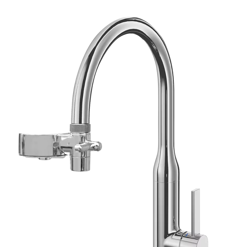 Chrome kitchen faucet with a sleek, curved design and a handle on the side.