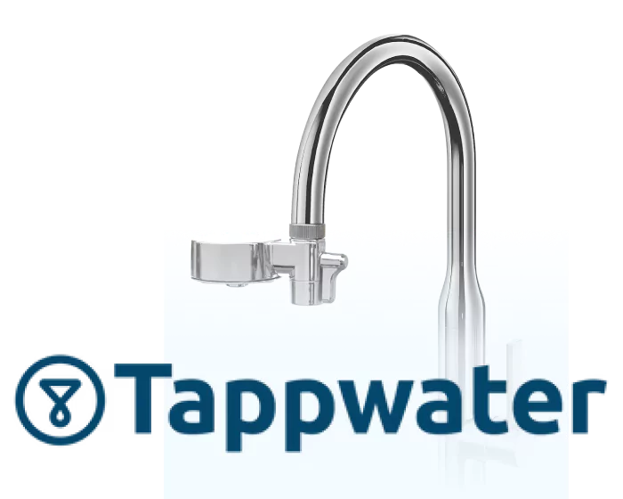 Transparent water bottle with built-in filter, branded 'Tappwater.'