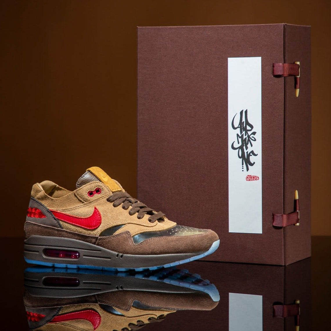 Nike Air Max 1 CLOT K.O.D 2021 Sneaker Release Temple Wear Blog News Red Traditional Logo  Swoosh Red Brown Japanese Tea Inspired Transparent Running Shoes Kiss Of Dead Sneaker Release Friends & Family Packaging
