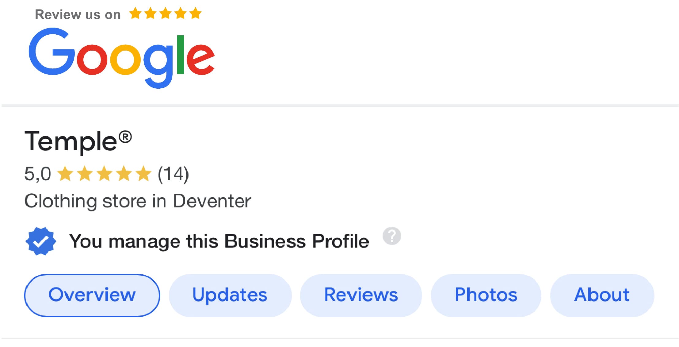 Google review stars rating customers trust badge trusted company Temple Wear Streetwear Skatewear Skate Street online business clothing shop 5 star company fair trustable eerlijk veilig uitstekend recensie klanten klant veilig kopen sterren ster Deventer