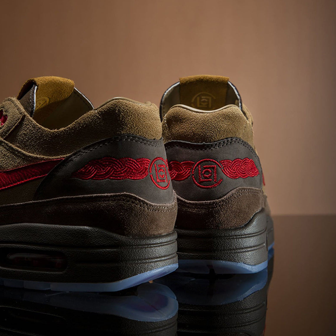 Nike Air Max 1 CLOT K.O.D 2021 Sneaker Release Temple Wear Blog News Red Traditional Logo  Swoosh Red Brown Japanese Tea Inspired Transparent Running Shoes Kiss Of Dead Sneaker Release