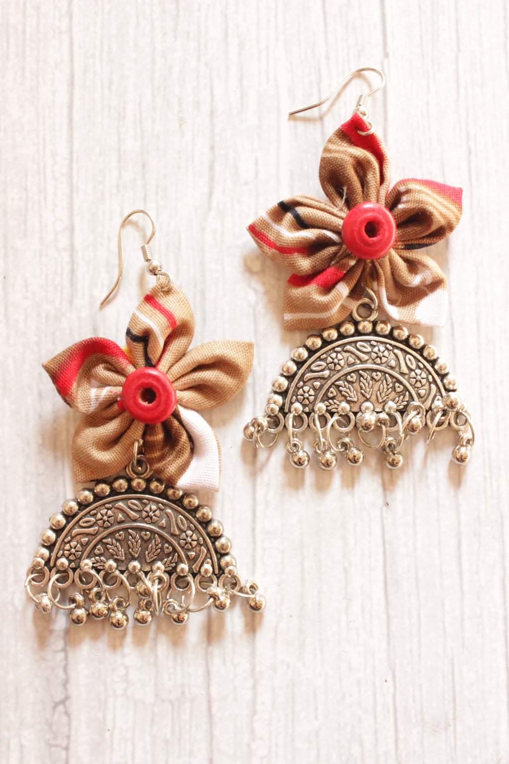 Red handcrafted ghungroo beaded brass earrings by Studio B 40