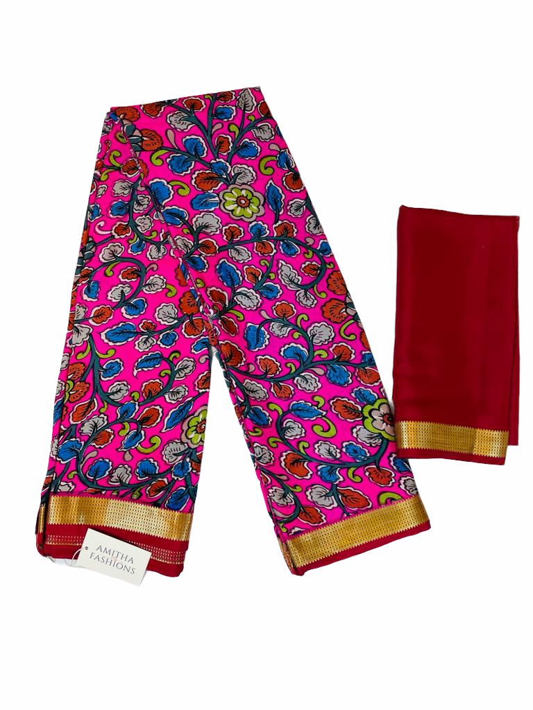 MS12 - Pure Printed Mysore Silk Saree - Kalamkari Dark Pink with ...