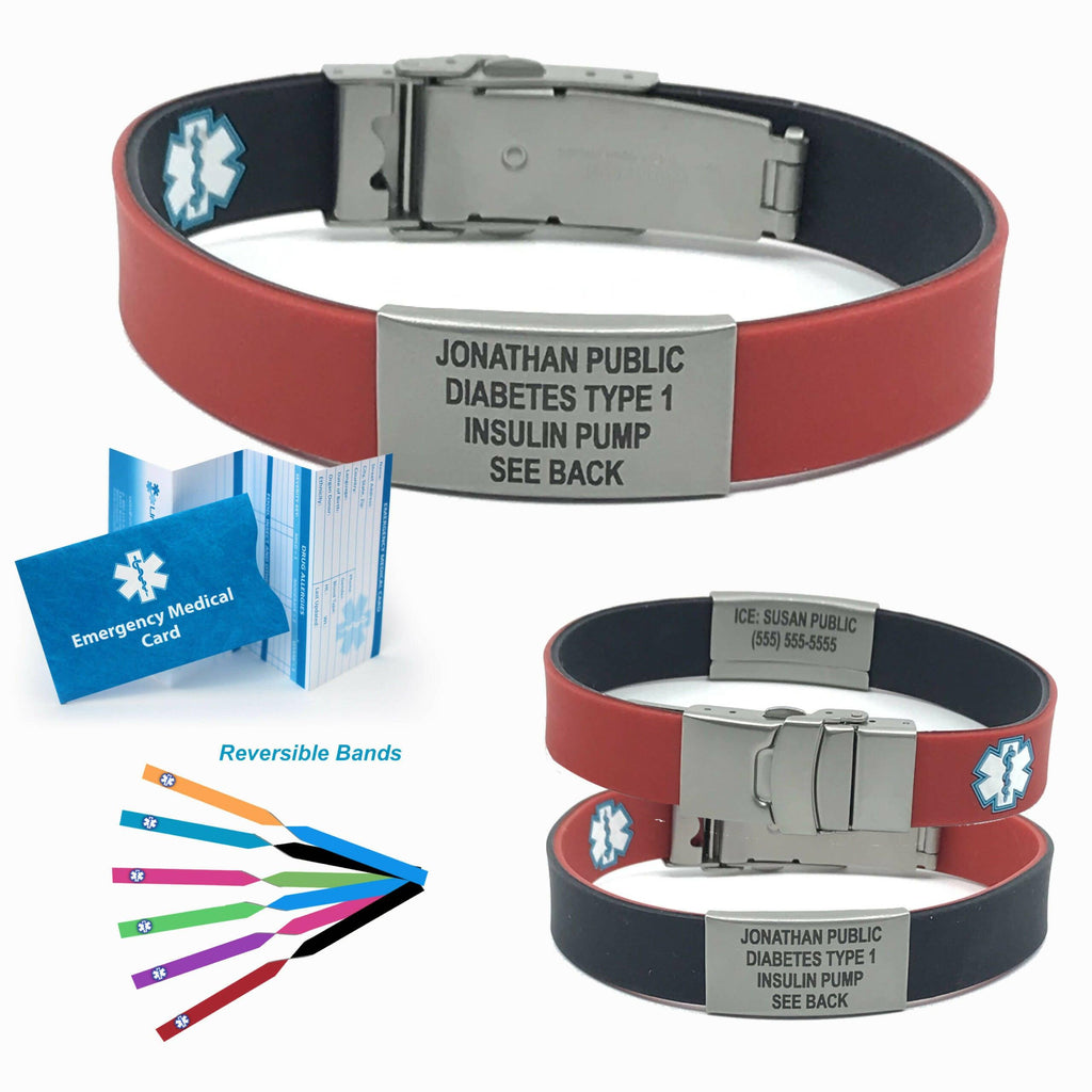 Sport Slim Reversible Medical Alert ID Bracelet. Custom Engraved. Choose Color, Size: 5, Black