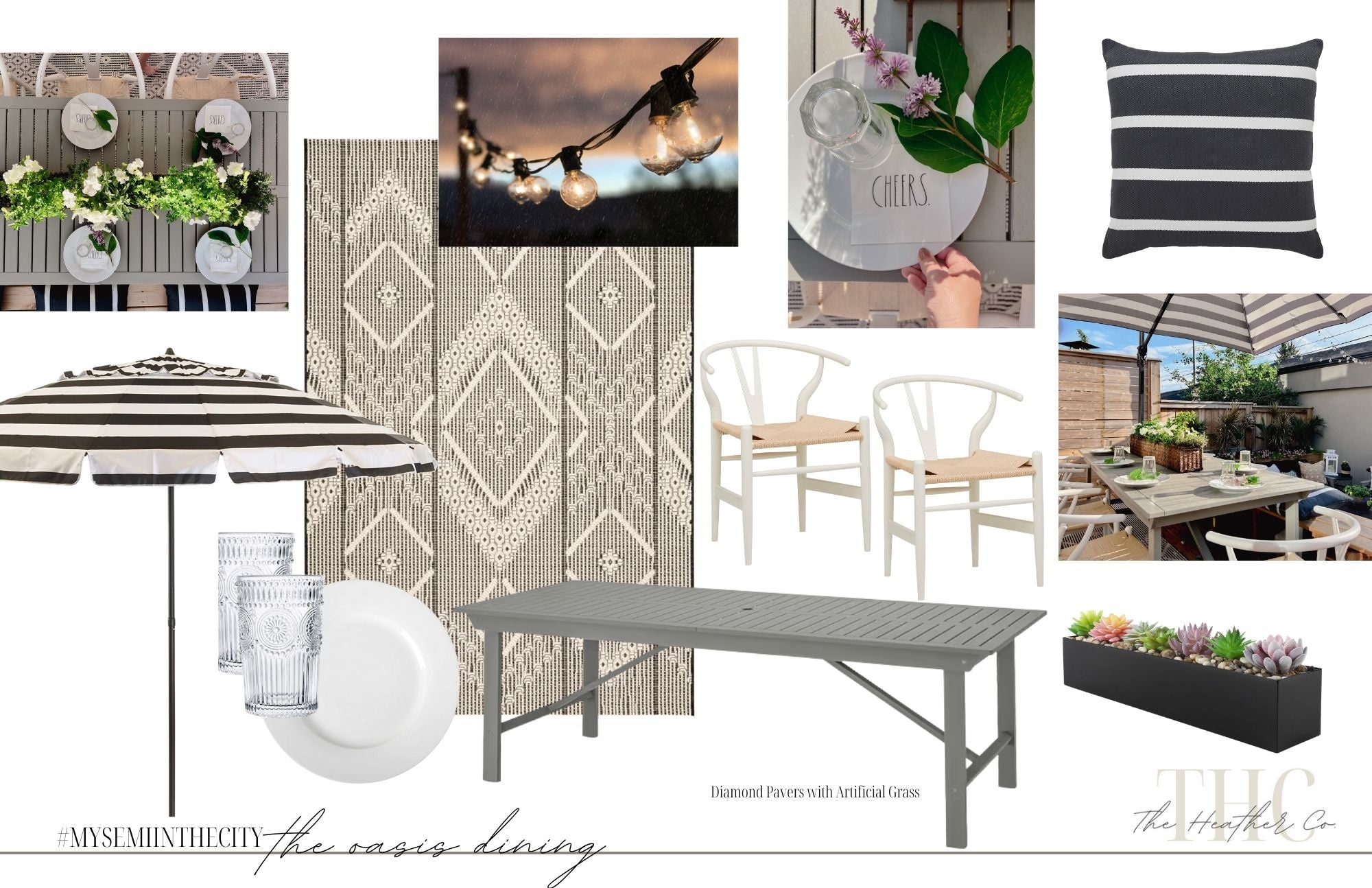 Outdoor dining room mood board featuring  Ikea Bondholmen Dining Table, white wishbone chairs  and an outdoor area rug you can keep outside in all weather.