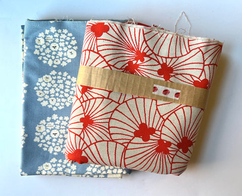 Red and white fabric and blue and white dog fabric