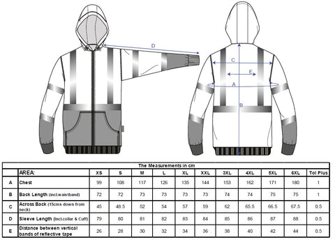 CC Safety Portwest B315 - Hi-Vis Contrast Zipped Hoodie Size Chart