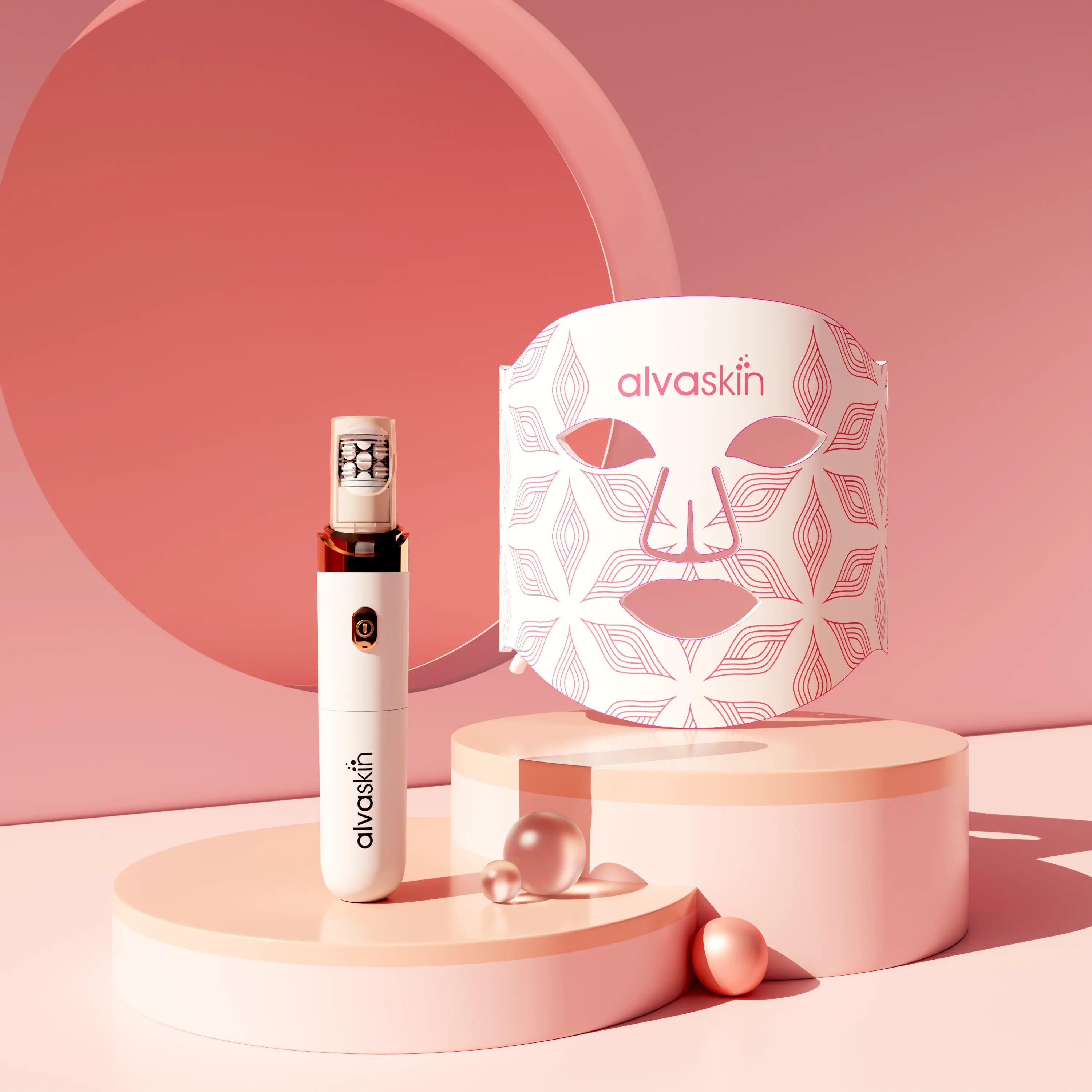 Skincare product display with a face mask and bottle labeled 'alvaskin' on a pink backdrop.