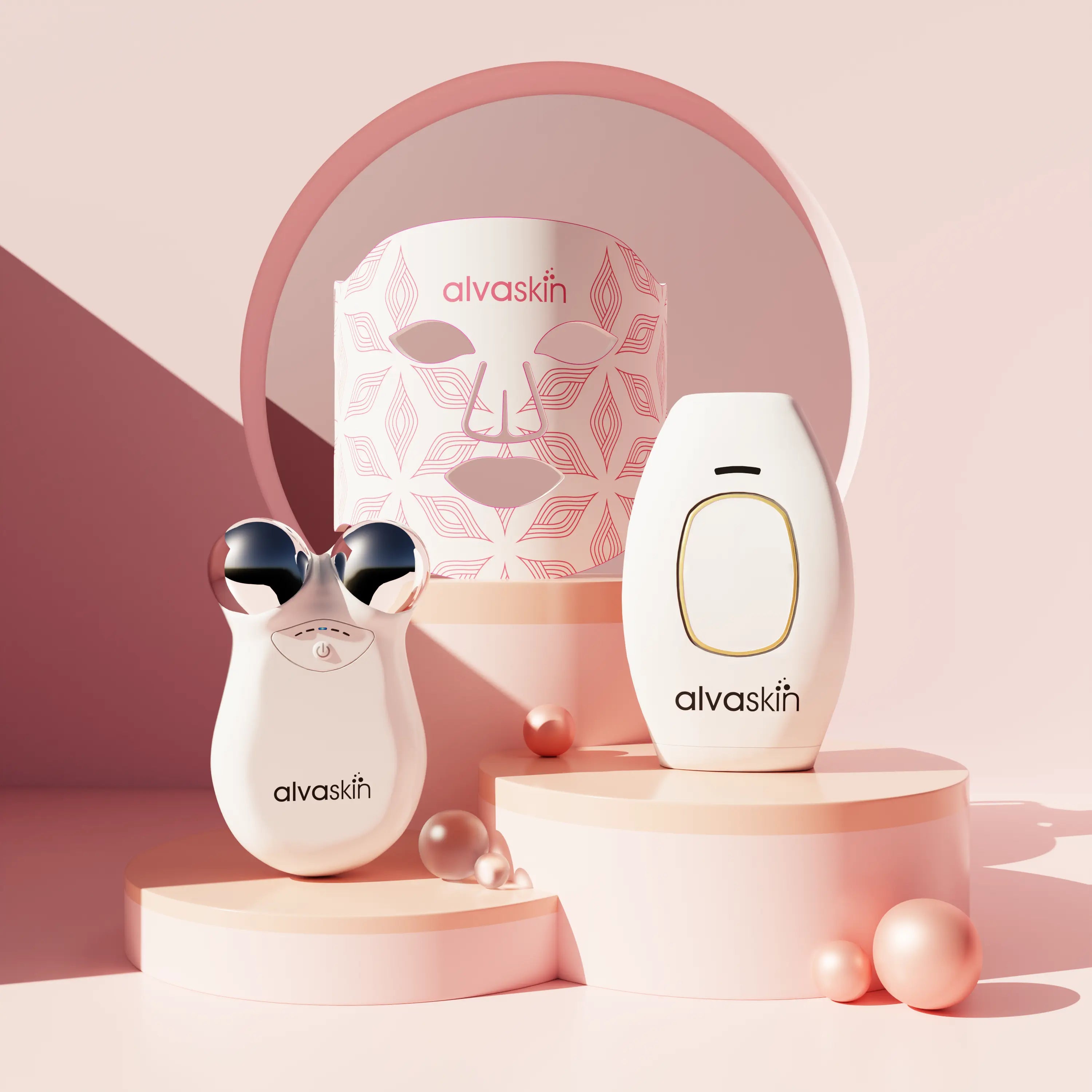 Alvaskin facial beauty devices displayed on geometric pastel platforms.