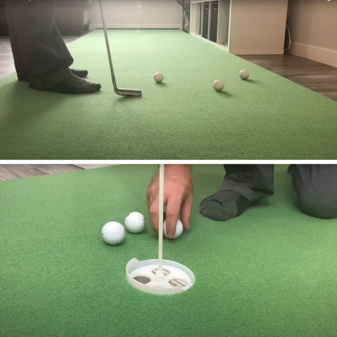 screenshots from the review video, of the man utilizing the putting mat