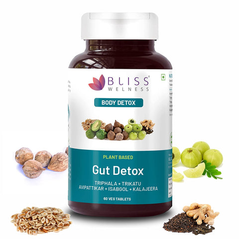 Bliss Welness Gut Detox Health Cleanse Purify Probiotics Trikatu Triphala Avipattikar Stomach Health Digestion Metabolism Toxin Removal Acidity Gas Control Herbal Supplement