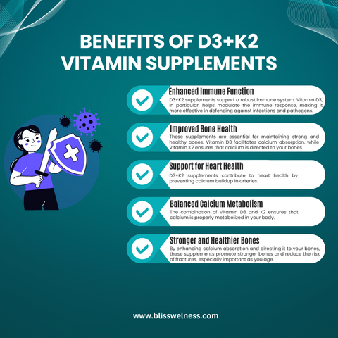 benefits of D3+K2 vitamin supplements for better immune system, bone, teeth, and heart health