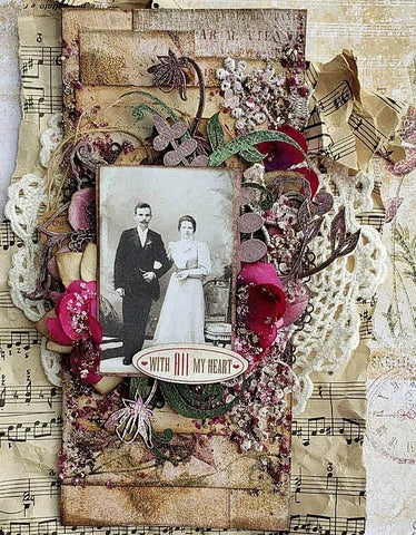 scrapbook made from dried roses with a wedding photo on the center