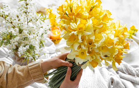 woman holding bouquet yellow daffodils