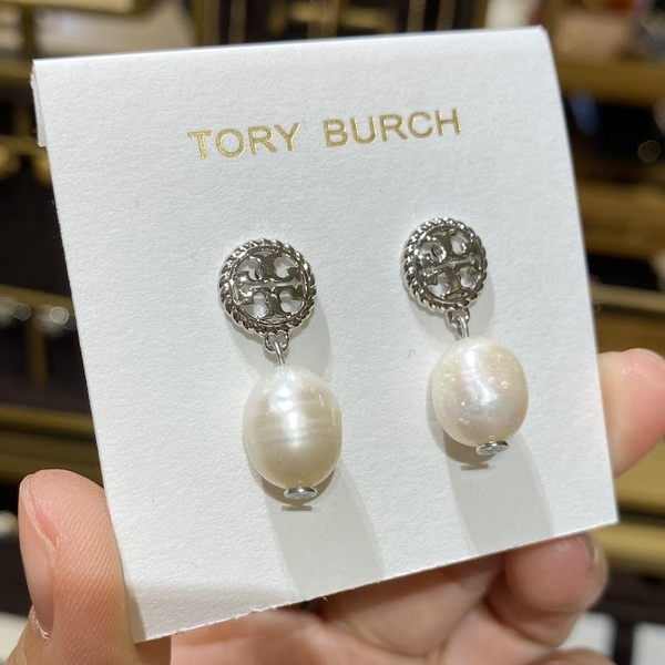 TORY BURCH ROPE LOGO PEARL DROP EARRINGS SILVER 136616 – 