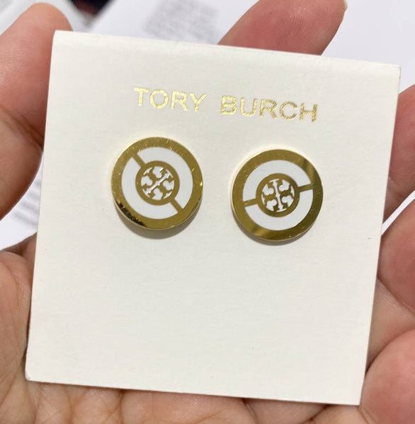 TORY BURCH MILLER STUD EARRINGS 88333 ENAMEL CIRCLE GOLDEN WHITE –  