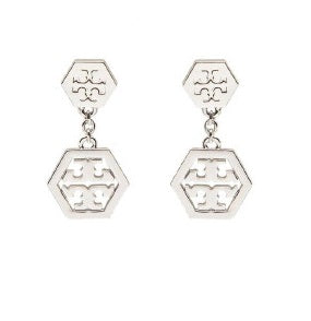 TORY BURCH SILVER HEXAGON CIRCLE LOGO DROP EARRINGS 79124 – 