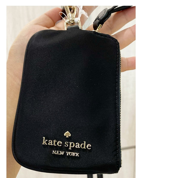 KATE SPADE CHELSEA CARD CASE BLACK LANYARD NYLON ZIP WLR00616 –  