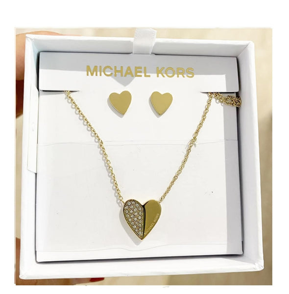 MICHAEL KORS MKJ5945710 GOLD TONE PAVÉ MK LOGO HEART NECKLACE & EARRIN –  