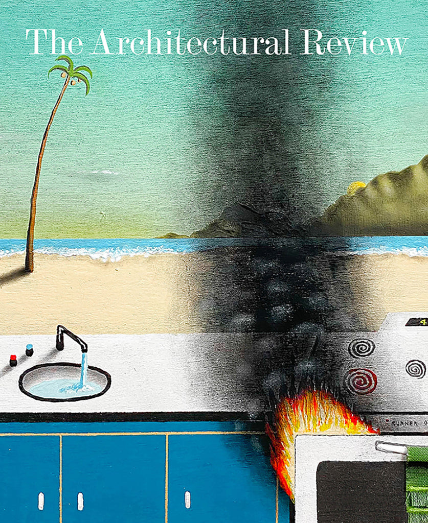 Cover of the magazine Architectural Review, showing an painting of a kitchen on fire