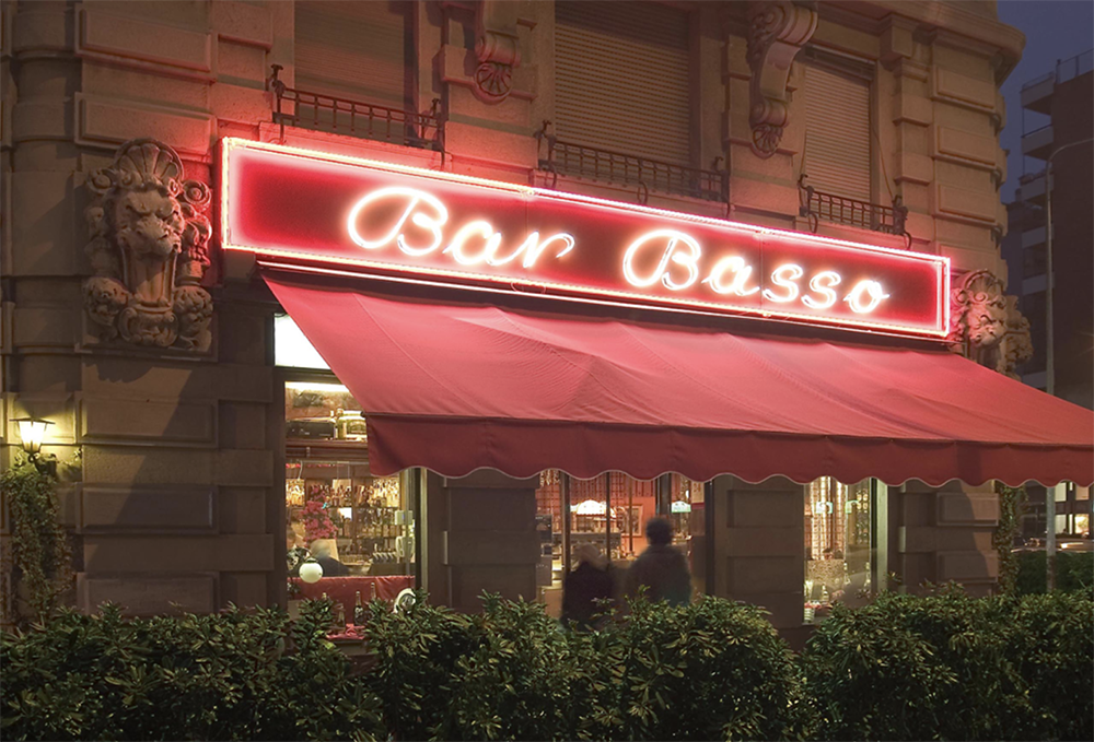 Exterior of Bar Basso, designer hangout during the annual Milan Furniture Fair.