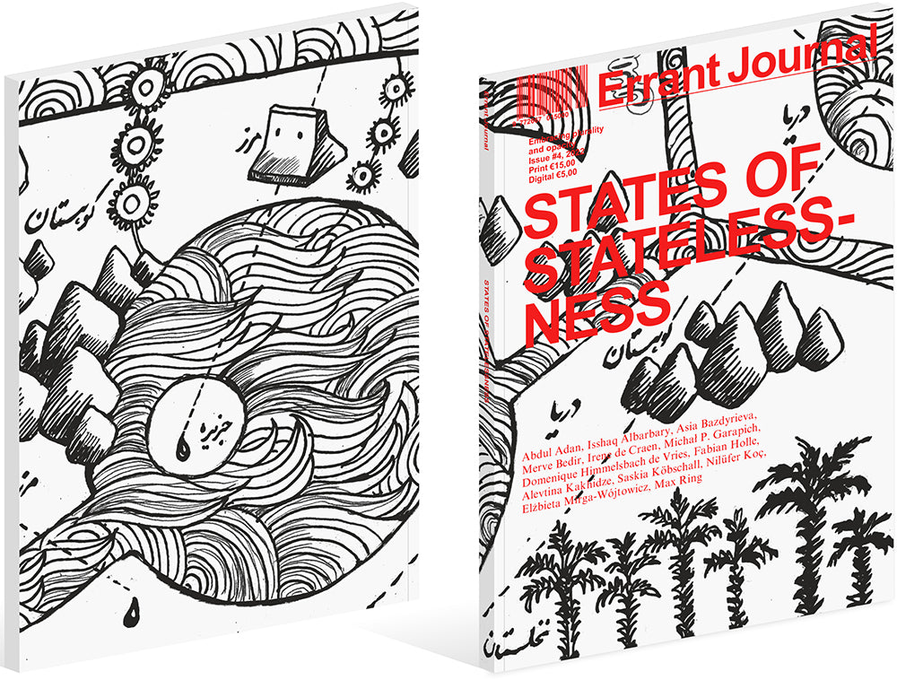 Front and back covers of Errant Journal issue 4, featuring black linart by Golrokh Nafisi.