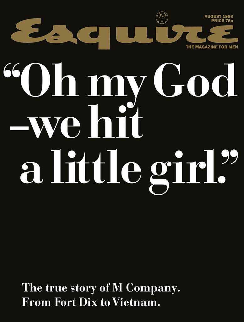 Front cover of Esquire magazine: a black background with gold Logo and white headline.