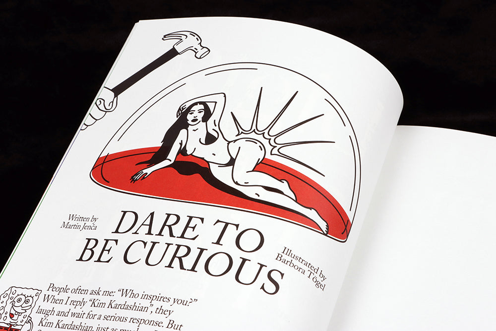 Open magazine spread, illustration of Kim Kardashian, text below reads 'Dare to be curious' 
